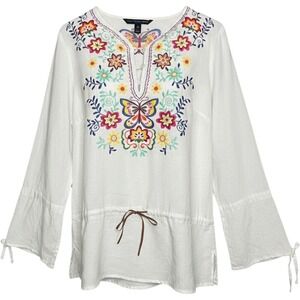 Saint‎ Tropez West Embroidered Tunic Women L White Boho Floral Flawed